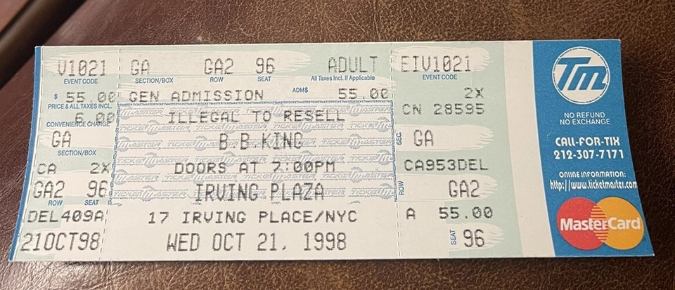 B.B. KING RARE UNUSED CONCERT TICKET NEW YORK, NY 10/21/1998 - Image 1 of 1