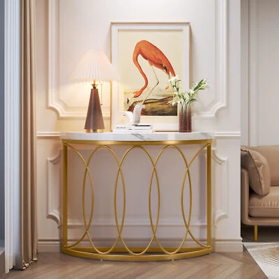Gold Console Table, Modern Sofa Table with Faux Marble Desk for Living Room - Image 1 of 4