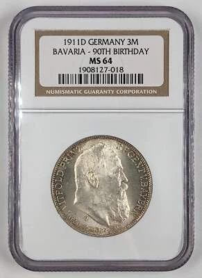 1911 D Germany 3 Mark Bavaria 90th Birthday NGC MS 64 - Image 1 of 3