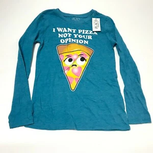I Want Pizza Not Your Opinion Girls Top Crew Neck Long Sleeve Blue Size S NWT - Picture 1 of 4