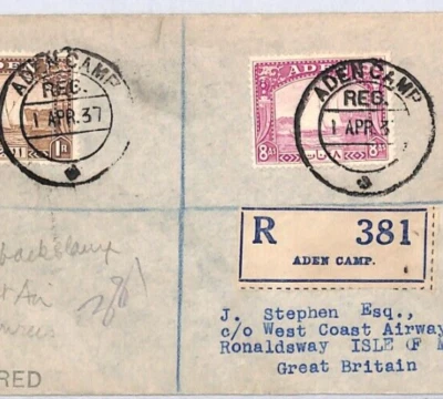 ADEN IOM MAIL 1937 FDC Aden Camp Regd *ISLE OF MAN WEST COAST AIR* Cachet YJ256 - Image 1 of 4