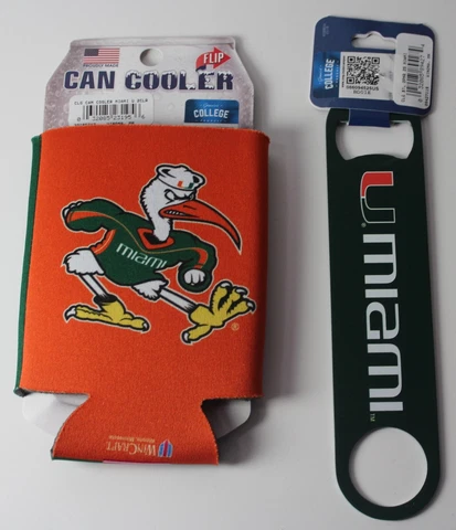 University of Miami Lot Can Cooler Coozie AND 7” Steel NCAA Bottle Opener NWT Cover