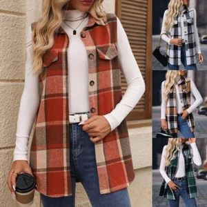 LADIES CHECK SLEEVELESS PLUS SIZE BUTTON UP WAISTCOAT Coats TOP Autumn Cardigans - Picture 1 of 31