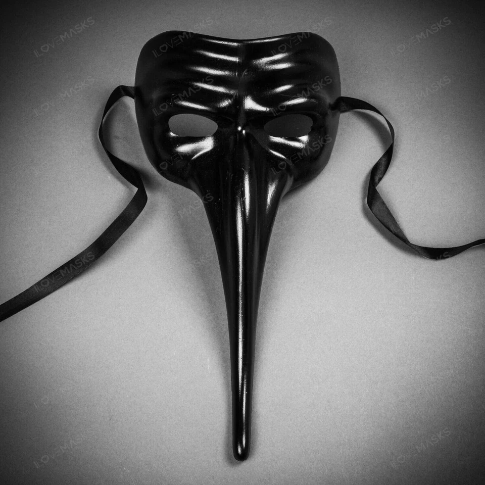 BLACK Plague Doctor Halloween Venetian Zanni Long Nose Masquerade Party DIY Mask - Image 1 of 4