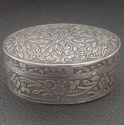 Ancienne Boîte à Pilules Décor Floral Argent Massif Poinçon 1900 Pill Box - Photo 1/4