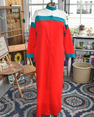 1960s Appel Tri-Color Velveteen Maxi Robe -Red, Teal, Cream-Made in USA-Small - Image 1 of 4