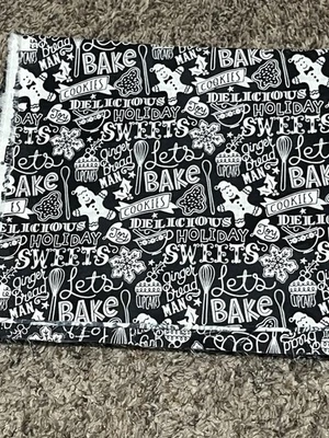 BAKING COOK WORDS BAKERY ITEMS COOKING GROW EAT SEW BLK WHITE COTTON FABRIC - Image 1 of 4