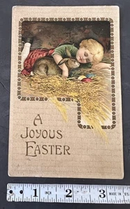 Antique Postcard A Joyous Easter Boy Sleeping Beside Bunny Embossed Posted 1913 - Picture 1 of 2