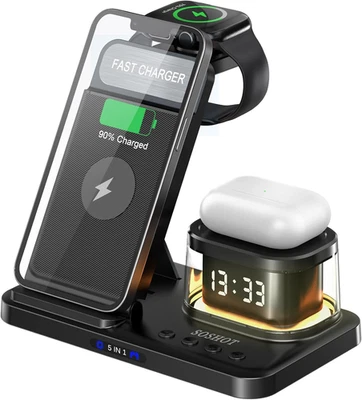 5 in 1 Wireless Charger with Clock Night Light Alarm Clock for Apple Devices for - Image 1 of 4