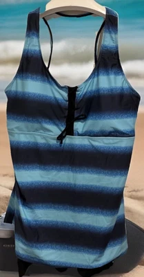 女式 Tankini 2 件套泳装蓝色黑色条纹加厚黑色短裤尺寸 5XL — 第 1/4 张图片