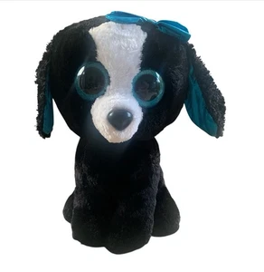 X Large 16” Ty Beanie Boos TRACEY Black & White Dog Puppy Big Blue Eyes & Bow - Picture 1 of 9