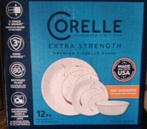 NEW CORELLE VITRELLE LIVINGWARE 12 PC PLATE & BOWL DINNERWARE SET EXTRA STRENGTH - Picture 1 of 4