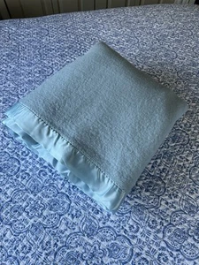 Vintage Chatham 100% Wool Light Blue Blanket Satin Edge 102” X 90” - Picture 1 of 8
