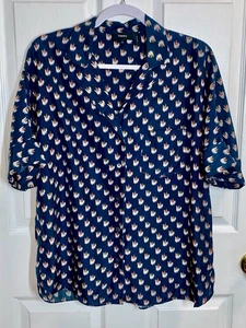 Theory Top Womens Medium Blue Floral Ikat Silk Blouse Quiet Luxury Career - Picture 1 of 11