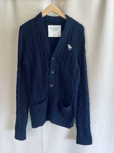 Vintage Abercrombie & Fitch Men's Cardigan Moose Cable Sweater Navy Medium NWT - Picture 1 of 9