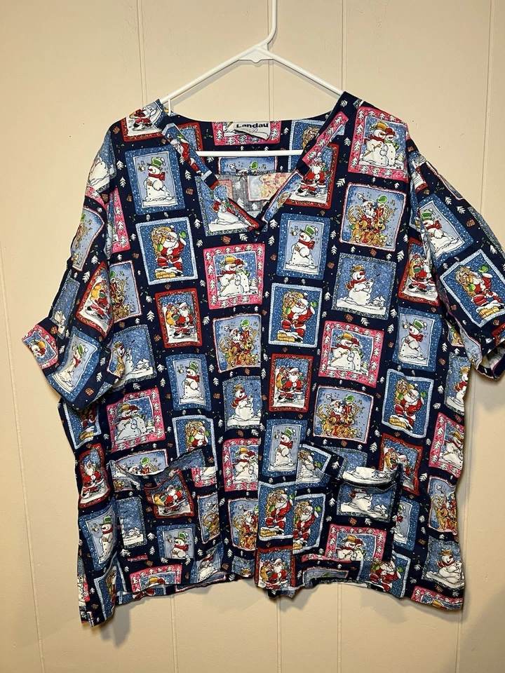 Landau Scrub Top Women’s 3X Christmas Stamp Theme Snowman Santa Vintage Retro - Image 1 of 4