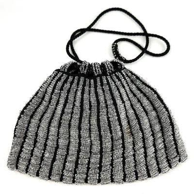 Flapper Purse / Drawstring Bag,  Clear Glass Beads over Black Ground, Black Cord - Image 1 of 4