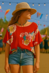 Johnny Was Passion Flower Eloise Top Small Red Embroidered Sheer Oversized Boho - Picture 1 of 15