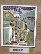 Old Antique Tudor Town plan, map FLINT Castle, Wales: Speed 1600s Reprint 
