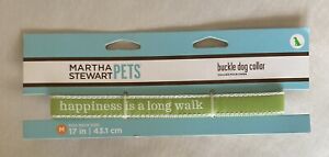 NEW! Martha Stewart Pets 'Happiness is a Long Walk' Green Dog Collar Med 15-17in