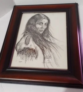 Native American Woman Drawing Signed By Artist In Wooden Frame - Picture 1 of 8