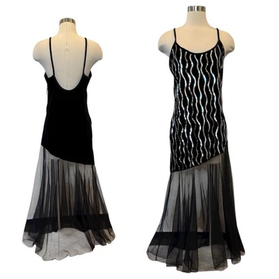 Frederick’s of Hollywood Stretch Velvet Black Sheer Mermaid Maxi Gown Slip Dress - Image 1 of 4