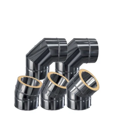 SCHORNSTEIN-ZENTRALLAGER Edelstahlschornstein Winkel Bogen Knie doppelwandig 15° 30° 45° 90° DW 113 - 200