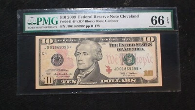 2009 CLEVELAND Ten Dollar PMG GEM UNC 66 EPQ Federal Reserve STAR NOTE $10 BILL - Image 1 of 4