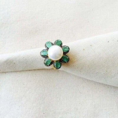 Ring Natural Pave Diamond 925 Sterling Silver Pearl Emerald Gemstone Jewelry - Image 1 of 4
