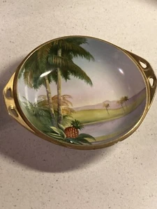 VTG Nippon Japan Hand Painted Palm Tree Island Gold Trim Bowl Dish Handles - Picture 1 of 6