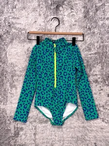 New Mini Boden Swimsuit 5-6 Years Kids Girls Long Sleeve Green Leopard Rashguard - Picture 1 of 8