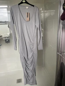 BNWT River Island Bodycon Midi Dress Grey Ruched Side V-Neck Long Sleeve Size 14 - Picture 1 of 5
