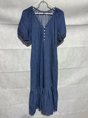 Maxi Vestido Azul Marino Antiguo Cambray Denim Bolsillos Abullonados Manga Corta Para Mujer Talla M *BONITO* Foto 1 de 4