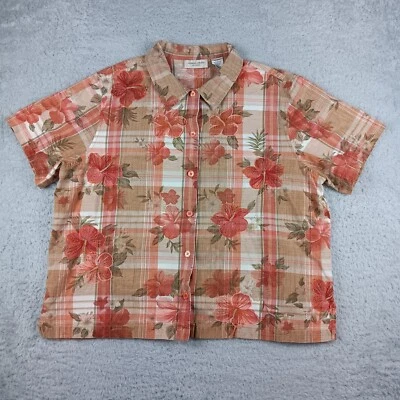 Camisa feminina grama limão 2XL rosa xadrez floral botão para cima hibisco bordado - Imagem 1 de 4