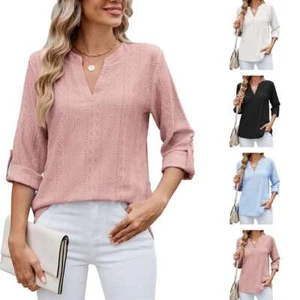 Women's Summer Jacquard T-Shirt Solid Tees Loose Blouse 3/4 Sleeve Vintage Top - Picture 1 of 16