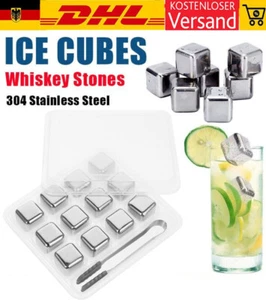 Edelstahl Eiswürfel Whisky Steine Ice Cube Kühlsteine 12pcs mit Zange Silber DE - Bild 1 von 24