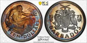 1973 BARBADOS Silver 10 Dollars PCGS Gold Shield PF68DCAM NEPTUNE Rainbow - Picture 1 of 3