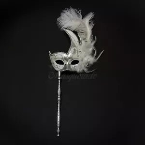 Handheld Stick Venetian Masquerade Mask for Women Silver White M6131 - Picture 1 of 5