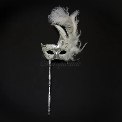 Handheld Stick Venetian Masquerade Mask for Women Silver White M6131 - Image 1 of 4