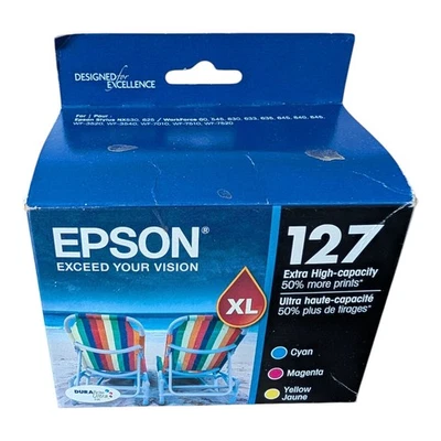 2X Genuine Epson 127 Color XL High Capacity Ink T127520-/T127520-CP  Exp 08/2023 - Image 1 of 3