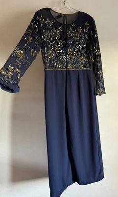 VESTIDO LARGO MANGA LARGA ADORNADO LENTEJUELAS AZUL MARINO VIRGOS LOUNGE TALLA:10 Foto 1 de 4