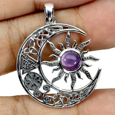 925 Pendente Argento Sterling Rotondo Ametista 6mm Sole Naturale Gemma Gioielli - Immagine 1 di 4