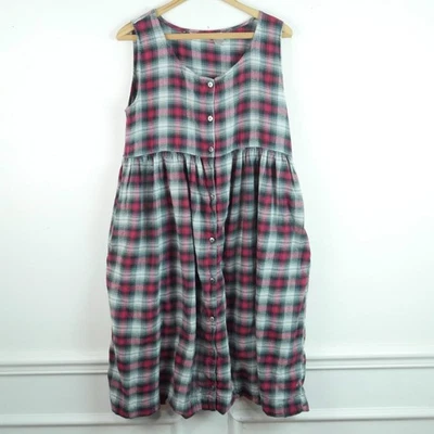 Vintage Large Midi Dress 90s Flannel Grunge Plaid Pinafore Jumper Granny Teacher - Image 1 of 4