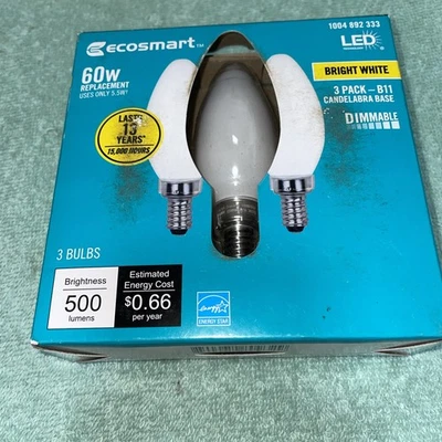 Ecosmart 60W LED Light Bulb B11 Dimmable Bright White 3 Pack Bulbs New - Image 1 of 4