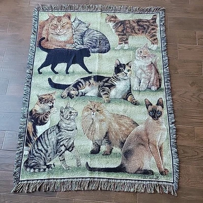 Vtg Pat Cockrell Cat Collage Tapestry Throw Blanket Wall Hanging 50"x 60" Cotton - Image 1 of 4