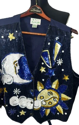 The Quacker Factory Sequined Vest Sun Stars Moon Womens Blue Size 1X - Image 1 of 4