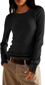 Women'S Waffle Knit Tops Long Sleeve Shirts Casual Slim Fitted Crew Neck Pullove - Picture 1 of 12