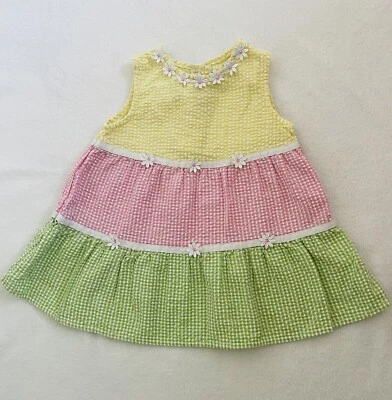 Bonnie Baby Seersucker Baby Dress 24 M Pastel Colorblock Embroidered Floral - Image 1 of 4