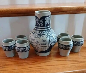 Vintage Barware Geritz Gerz West Germany Pottery Wine Pitcher And 6 Cups - Picture 1 of 7