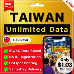 [eSIM] Tajwan Tylko 1,03 USD / dzień 5G 4G 1 do 30 dni ✨Dostawa tego samego dnia | Partia OK - Zdjęcie 1 z 6